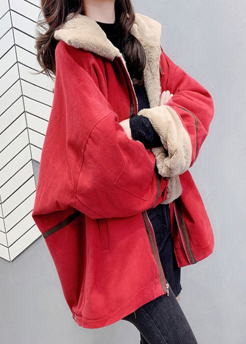 Parka Chaude En Polaire Avec Col Peter Pan Rouge Et Fermeture Éclair Pour L'hiver - Rouge