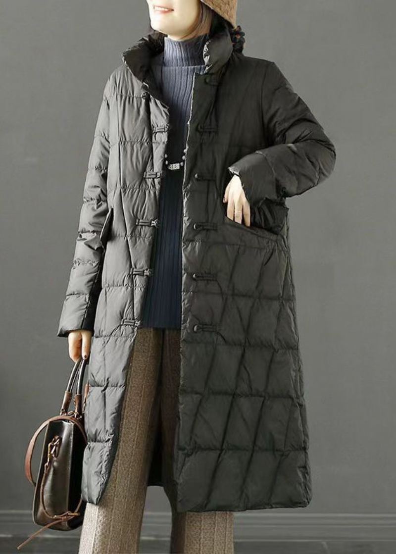 Parka Chinoise Remplie De Coton Fin Oriental Noir Pour Femmes Bouton D'hiver