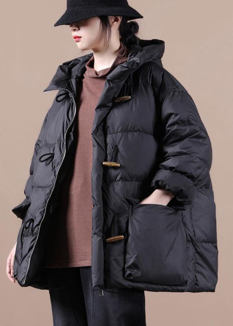 Parka Décontractée Pour Femmes Coupe Ample Pardessus Noir À Capuche Poches Manteau En Coton