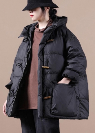 Parka Décontractée Pour Femmes Coupe Ample Pardessus Noir À Capuche Poches Manteau En Coton