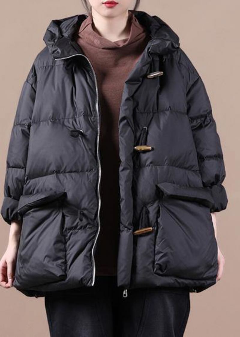 Parka Décontractée Pour Femmes Coupe Ample Pardessus Noir À Capuche Poches Manteau En Coton - Doudounes femmes