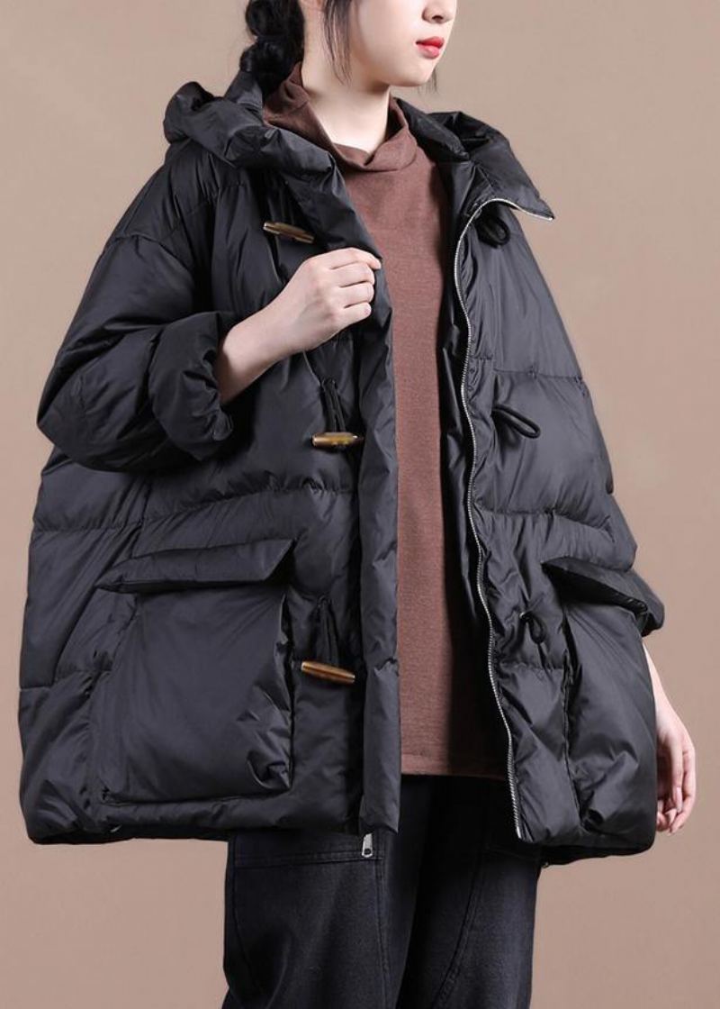 Parka Décontractée Pour Femmes Coupe Ample Pardessus Noir À Capuche Poches Manteau En Coton - Doudounes femmes