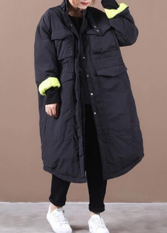 Parka Décontractée Pour Femmes Coupe Ample Poches Col Montant Noir Manteau Chaud Asymétrique