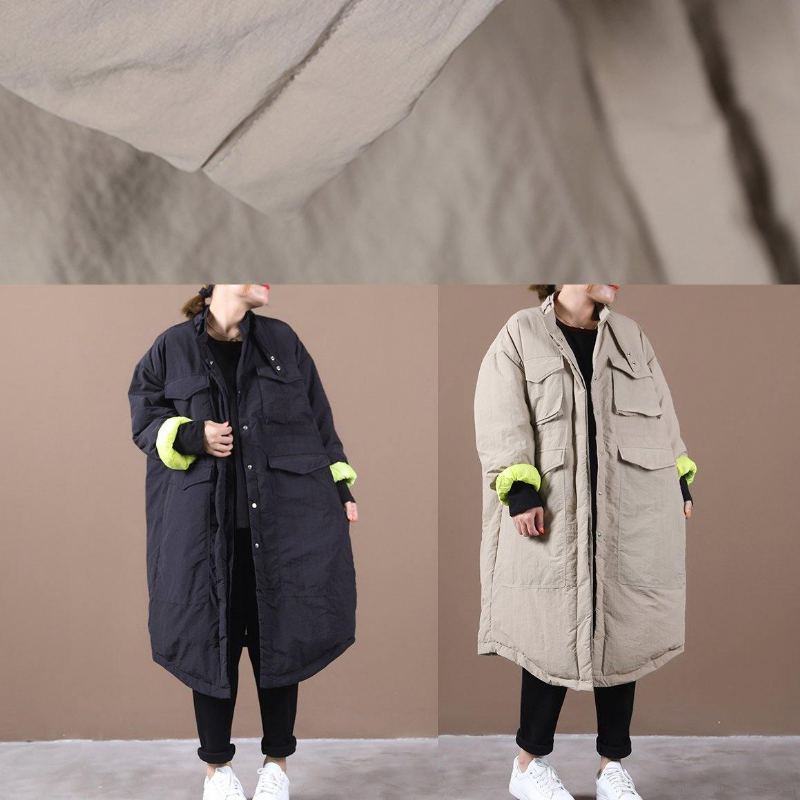 Parka Décontractée Pour Femmes Coupe Ample Poches Col Montant Noir Manteau Chaud Asymétrique - Kaki