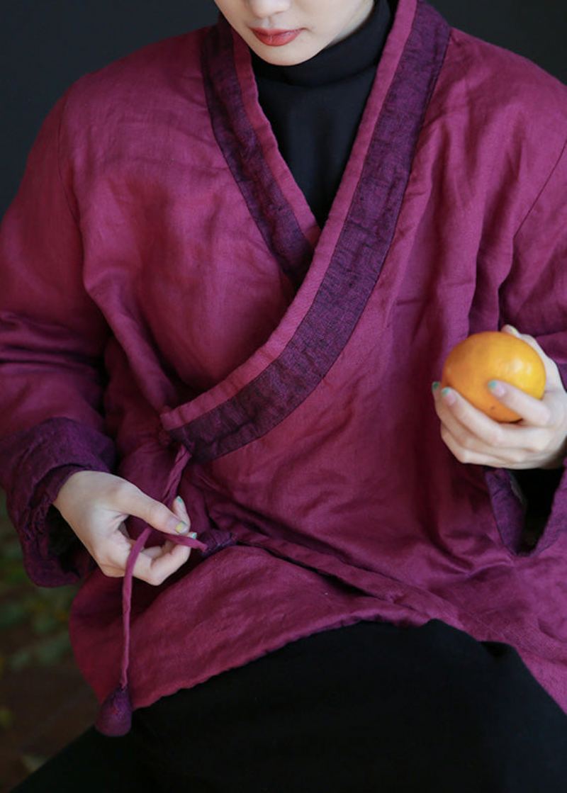 Parka Décontractée En Lin Et Polaire Rose Avec Col En V Et Taille Chaude - Rose