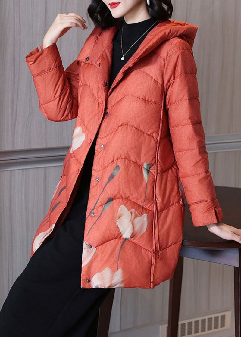 Parka En Duvet De Canard Imprimé Orange Pour Femme Bouton À Capuche Hiver