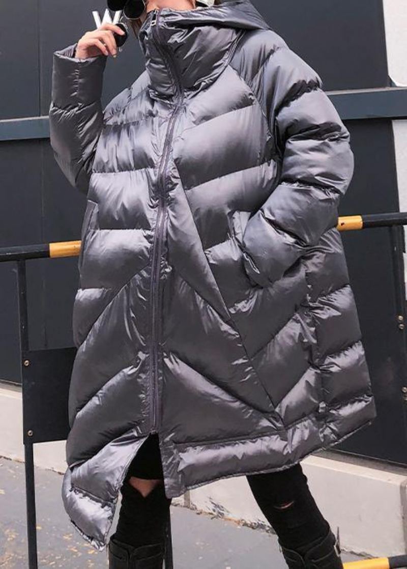 Parka Élégante Gris Argenté Pour Femme Surdimensionné Chaud Vêtements D'hiver Capuche Fermeture Éclair