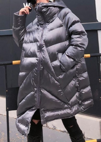 Parka Élégante Gris Argenté Pour Femme Surdimensionné Chaud Vêtements D'hiver Capuche Fermeture Éclair