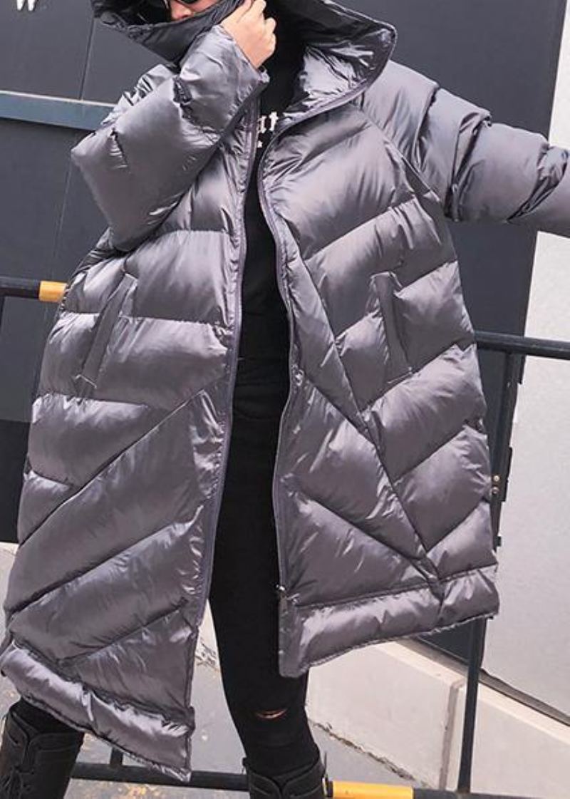 Parka Élégante Gris Argenté Pour Femme Surdimensionné Chaud Vêtements D'hiver Capuche Fermeture Éclair - Noir