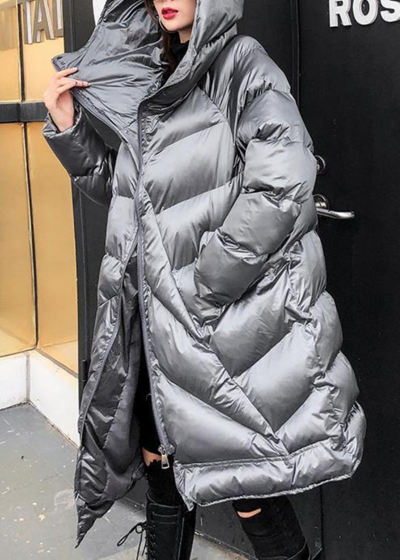 Parka Élégante Gris Argenté Pour Femme Surdimensionné Chaud Vêtements D'hiver Capuche Fermeture Éclair - Noir