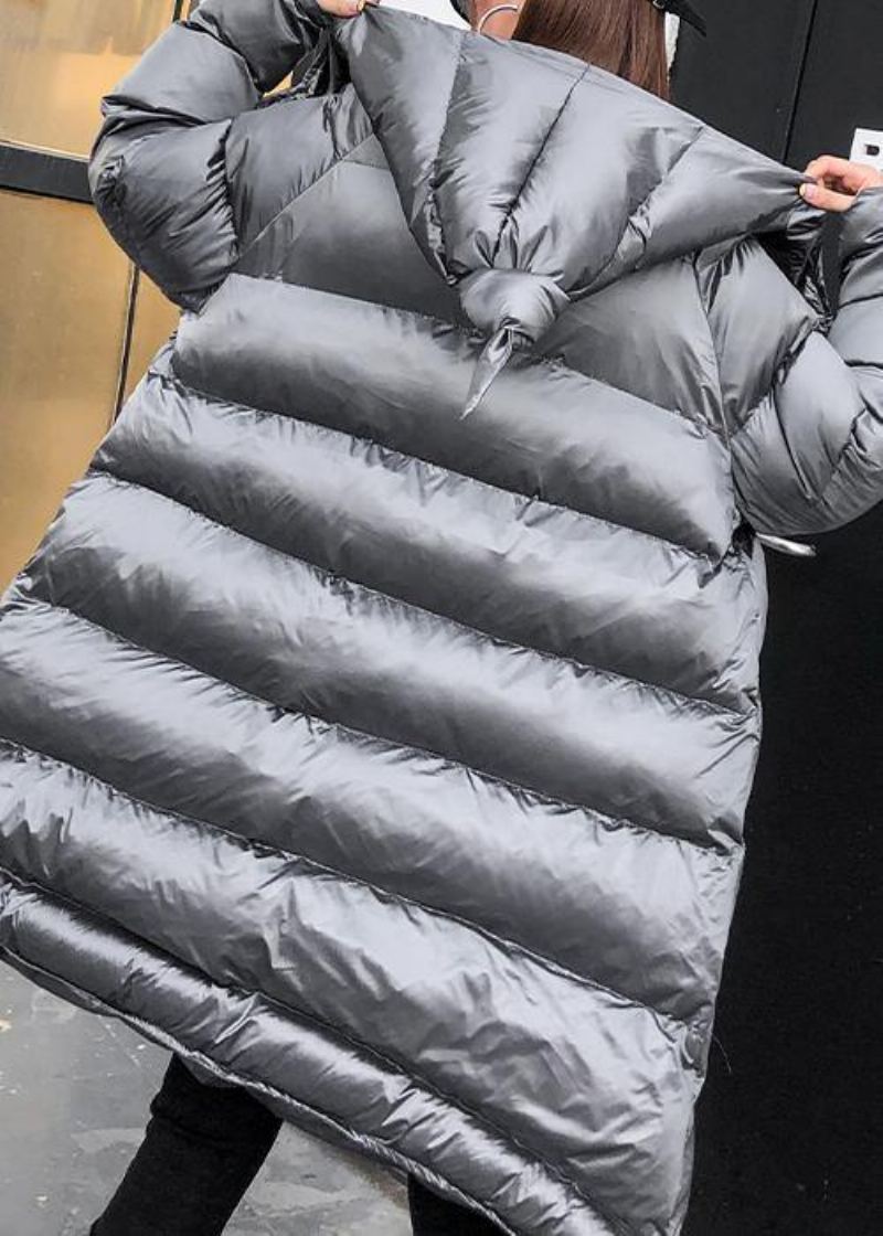 Parka Élégante Gris Argenté Pour Femme Surdimensionné Chaud Vêtements D'hiver Capuche Fermeture Éclair - Noir