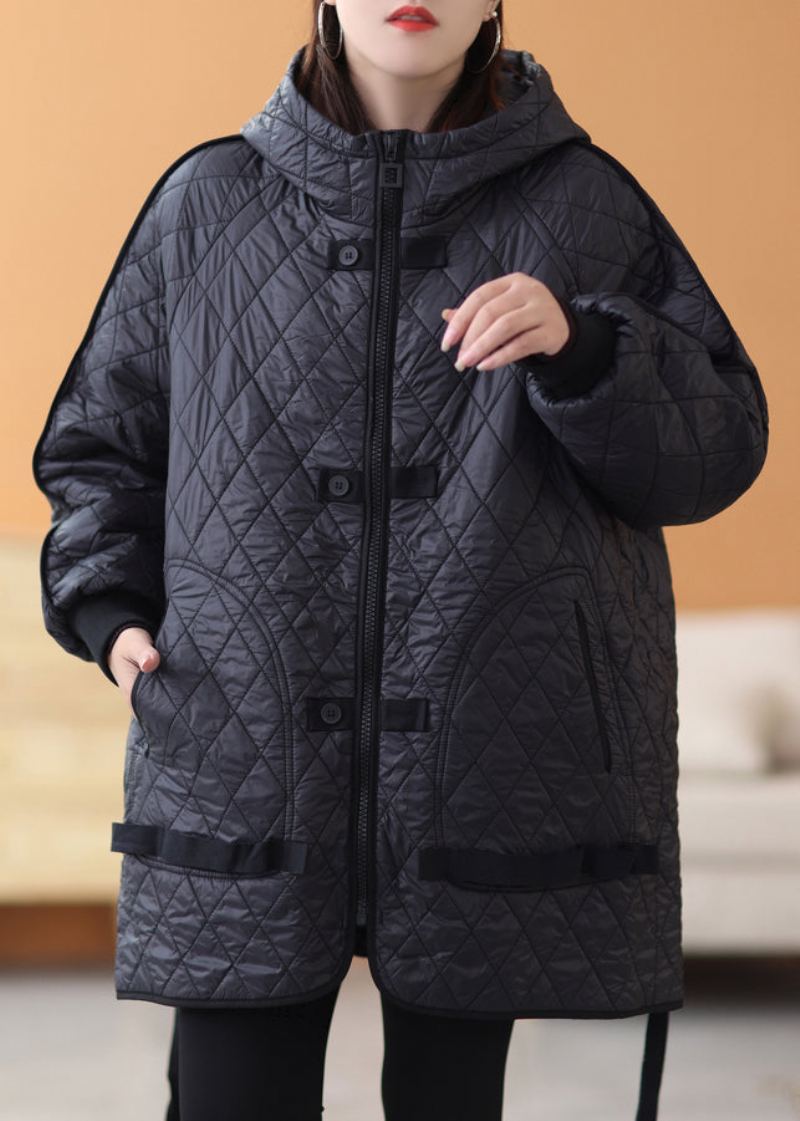 Parka Épaisse Noire En Patchwork Uni Avec Fermeture Éclair Et Manches Longues