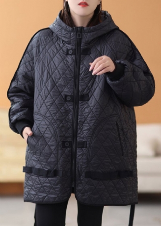 Parka Épaisse Noire En Patchwork Uni Avec Fermeture Éclair Et Manches Longues