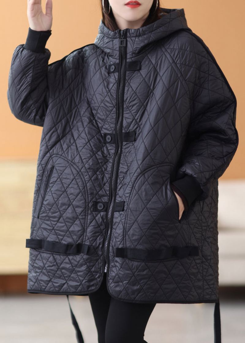 Parka Épaisse Noire En Patchwork Uni Avec Fermeture Éclair Et Manches Longues - Doudounes femmes