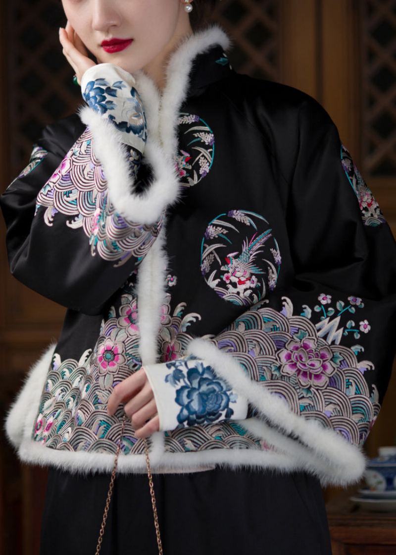 Parka Épaisse En Soie Florale Brodée À Col Montant Noir Vintage À Manches Longues - Doudounes femmes