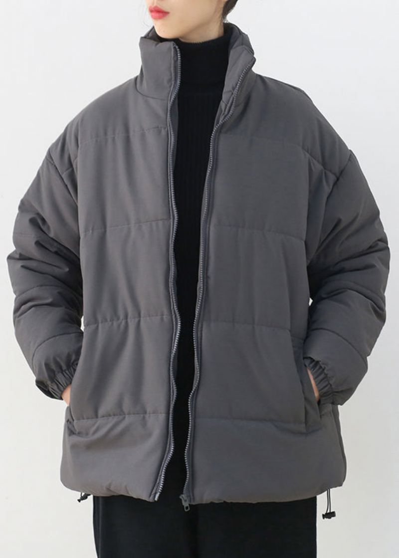 Parka Épaisse Zippée À Col Montant Gris Bio Hiver