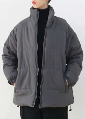 Parka Épaisse Zippée À Col Montant Gris Bio Hiver