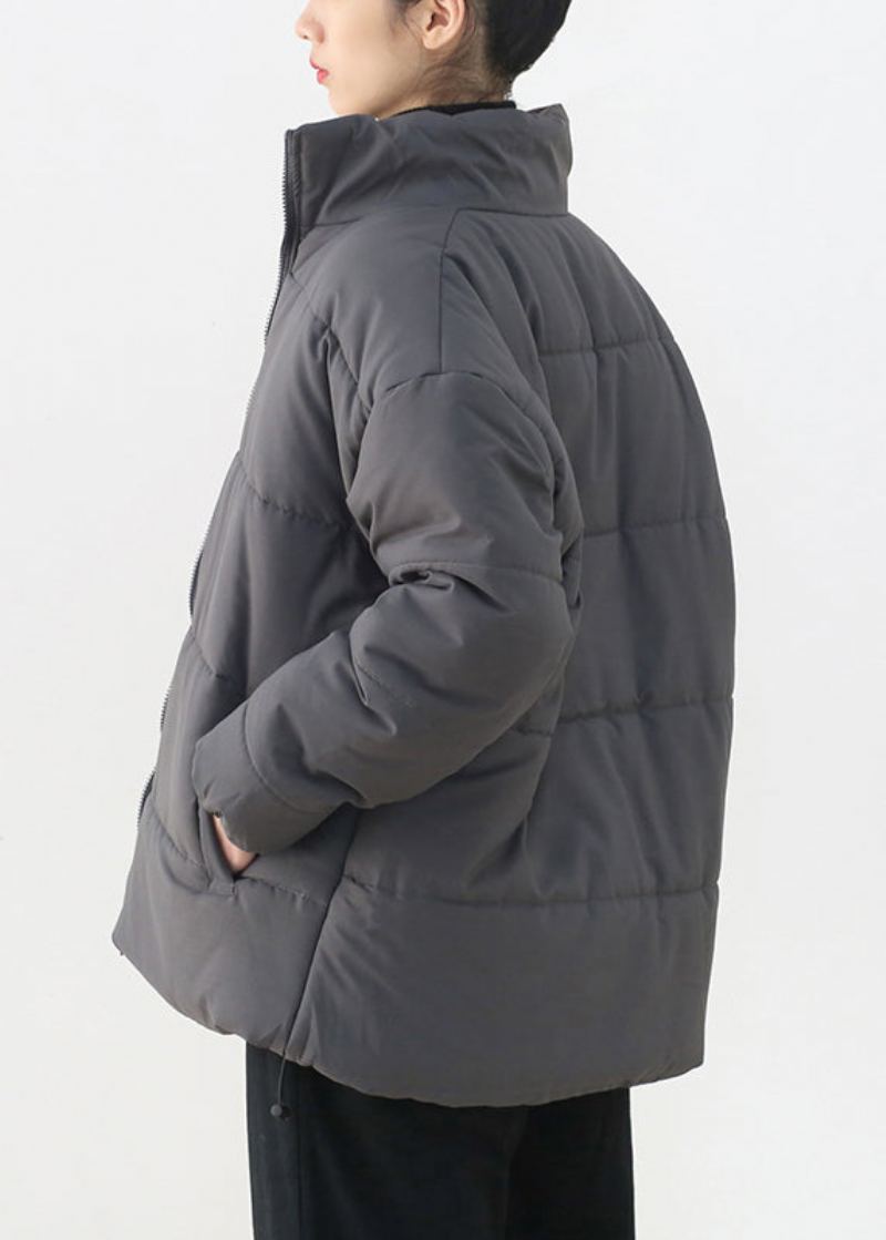 Parka Épaisse Zippée À Col Montant Gris Bio Hiver - Gris