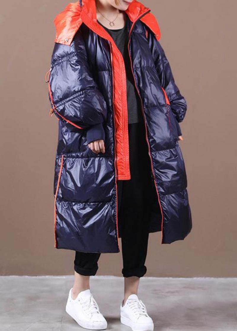 Parka Femme Grande Taille Pardessus Bleu Foncé À Capuche Patchwork Manteau En Duvet D'oie