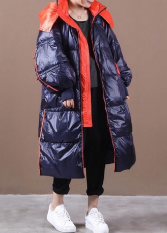 Parka Femme Grande Taille Pardessus Bleu Foncé À Capuche Patchwork Manteau En Duvet D'oie