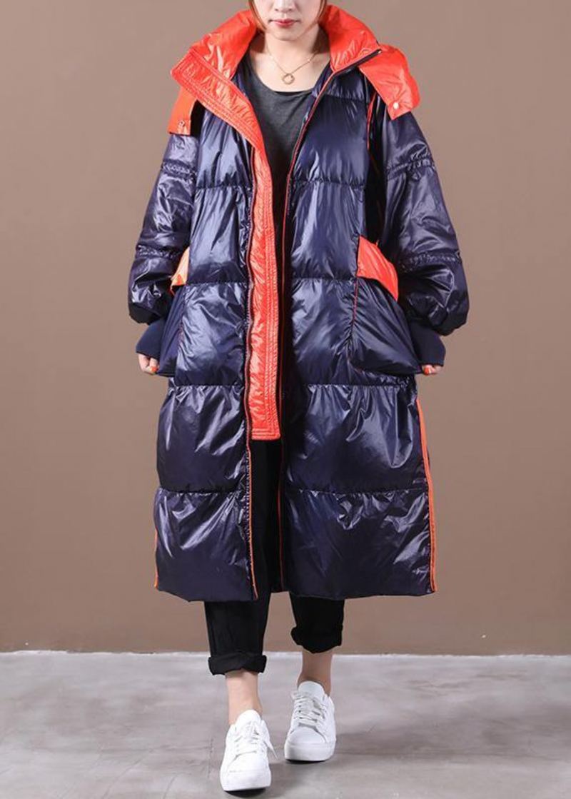 Parka Femme Grande Taille Pardessus Bleu Foncé À Capuche Patchwork Manteau En Duvet D'oie - Doudounes femmes