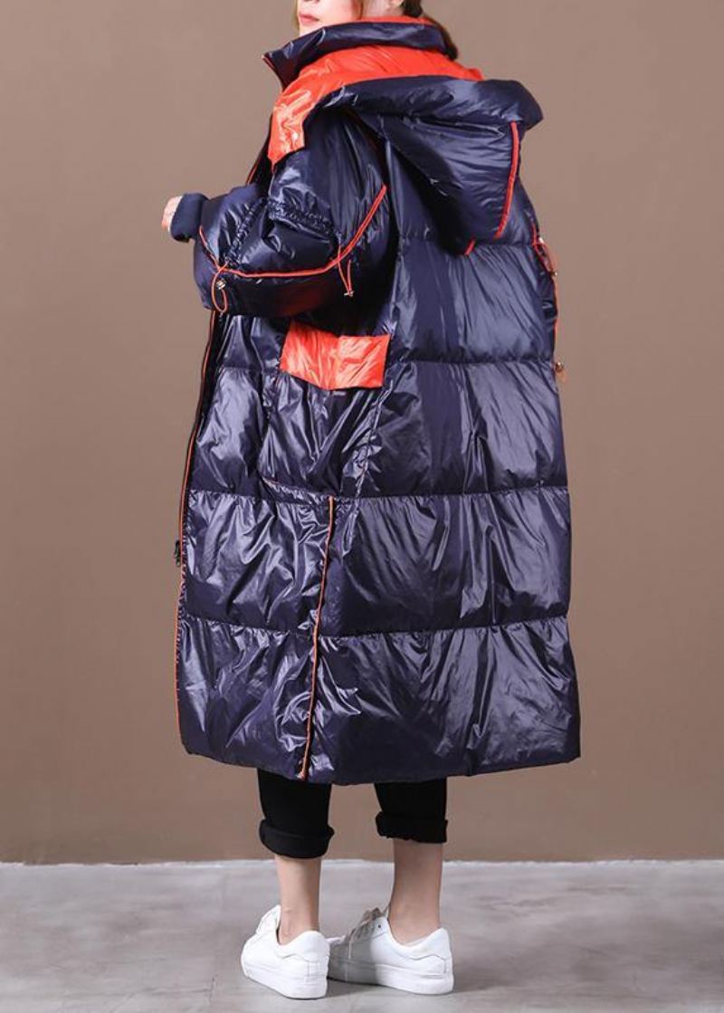 Parka Femme Grande Taille Pardessus Bleu Foncé À Capuche Patchwork Manteau En Duvet D'oie - Doudounes femmes