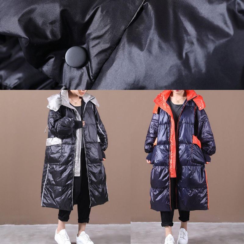 Parka Femme Grande Taille Pardessus Bleu Foncé À Capuche Patchwork Manteau En Duvet D'oie - Doudounes femmes