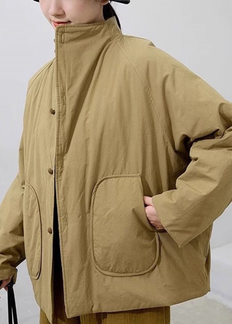 Parka Femme Kaki Faite À La Main Avec Poches À Col Montant Et Coton Fin Rempli D'hiver