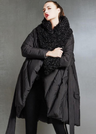 Parka Fine Grande Taille Pour Femme Manteaux À Nouer À La Col En Fourrure Noire Manteau En Duvet D'oie