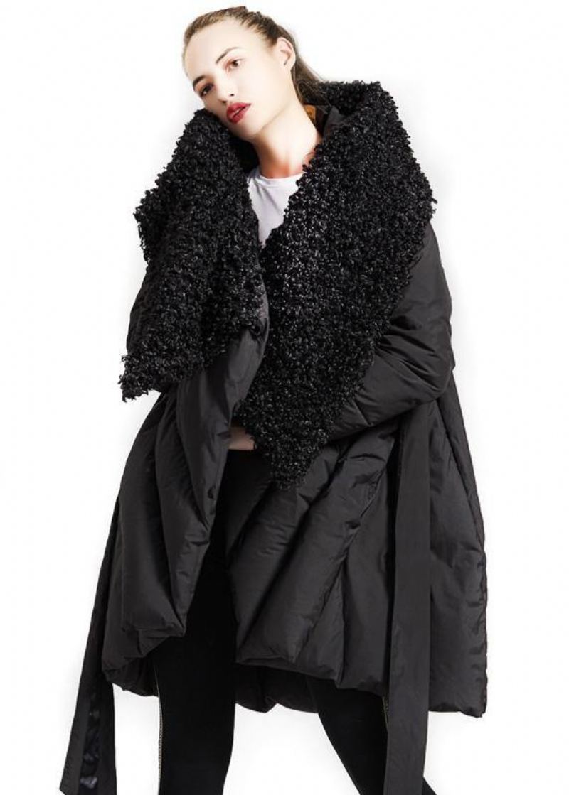 Parka Fine Grande Taille Pour Femme Manteaux À Nouer À La Col En Fourrure Noire Manteau En Duvet D'oie - Doudounes femmes