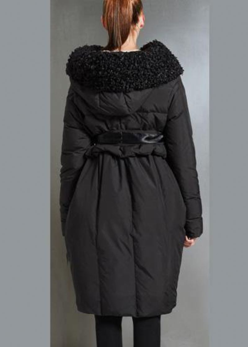 Parka Fine Grande Taille Pour Femme Manteaux À Nouer À La Col En Fourrure Noire Manteau En Duvet D'oie - Doudounes femmes