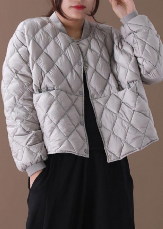 Parka Fine Grande Taille Pour Femme Vêtements D'extérieur D'hiver Col Montant Gris Manteau Chaud Géométrique