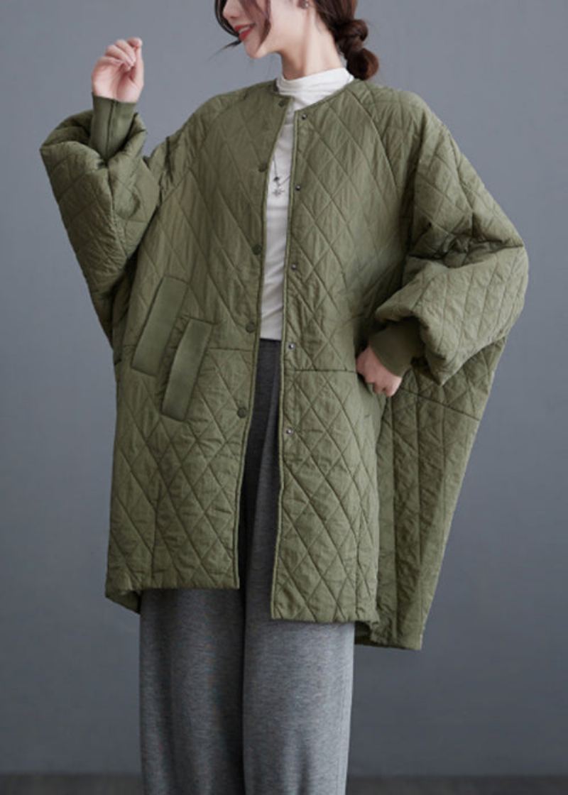 Parka Garnie De Coton Vert Olive De Grande Taille Avec Poches Boutonnées Et Manches Chauve-souris