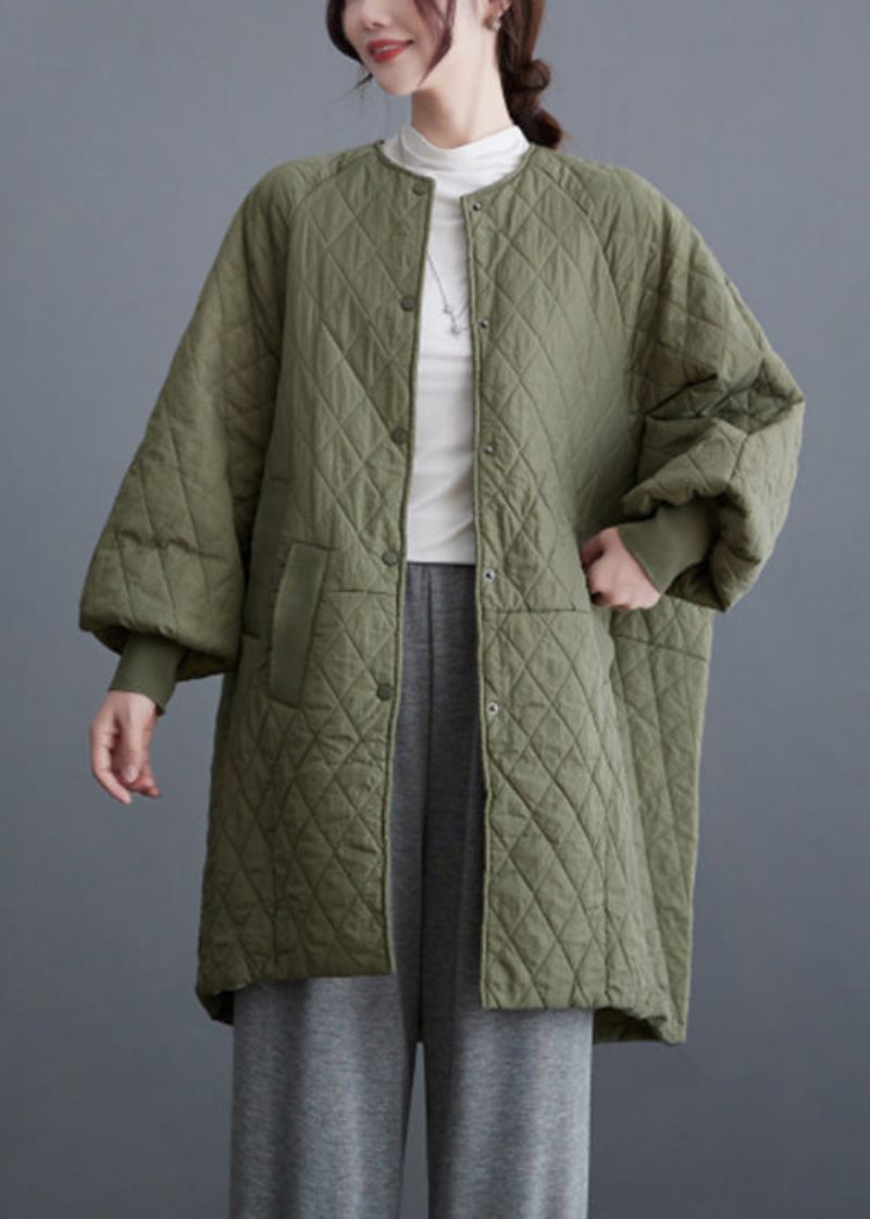 Parka Garnie De Coton Vert Olive De Grande Taille Avec Poches Boutonnées Et Manches Chauve-souris - Doudounes femmes