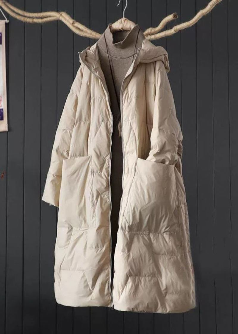 Parka D'hiver Beige À Capuche Avec Poches En Coton Fin Grande Taille