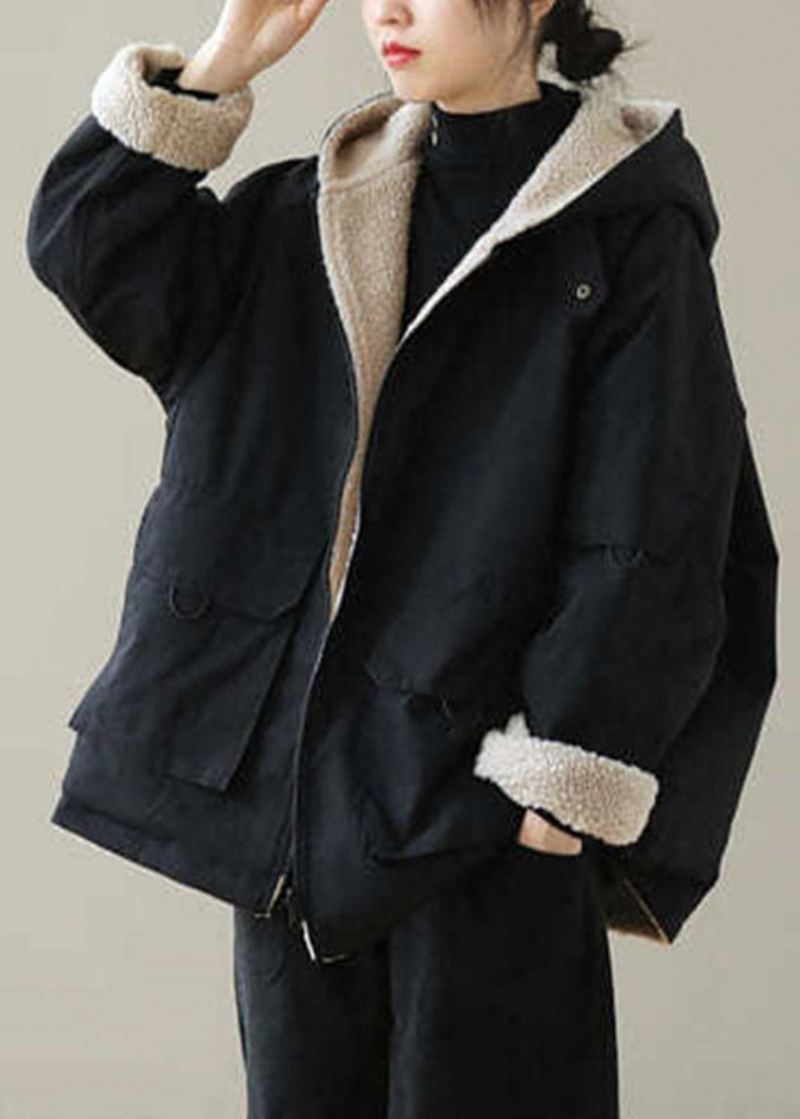 Parka D'hiver À Capuche Doublée De Laine Polaire Zippée Noire Vintage - Noir