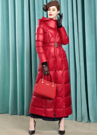 Parka D'hiver À Capuche Rouge Français Avec Ceintures Épaisses Et Allongées En Coton Fin