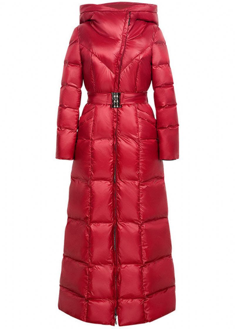 Parka D'hiver À Capuche Rouge Français Avec Ceintures Épaisses Et Allongées En Coton Fin - Doudounes femmes