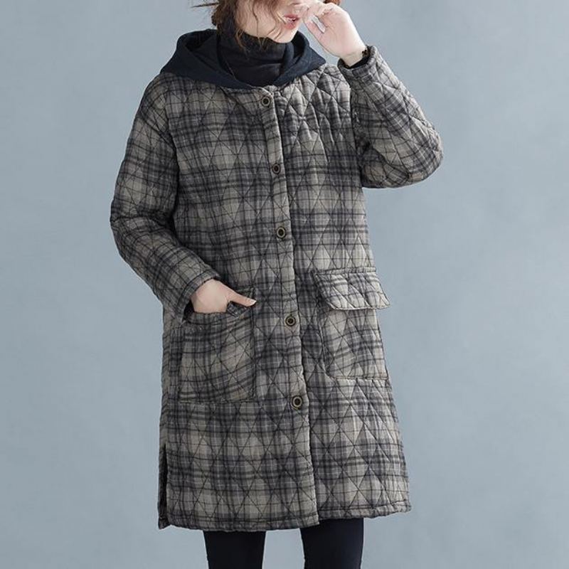 Parka D'hiver À Carreaux Gris Pour Femme Manteau Surdimensionné Avec Poches À Capuche Et Neige - Rouge