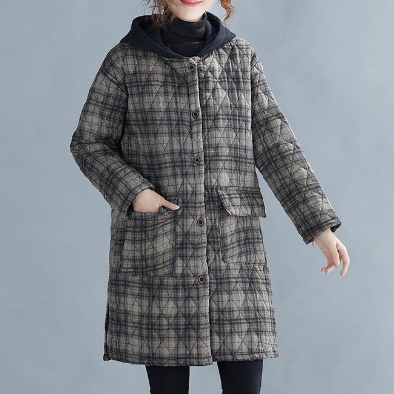 Parka D'hiver À Carreaux Gris Pour Femme Manteau Surdimensionné Avec Poches À Capuche Et Neige - Rouge