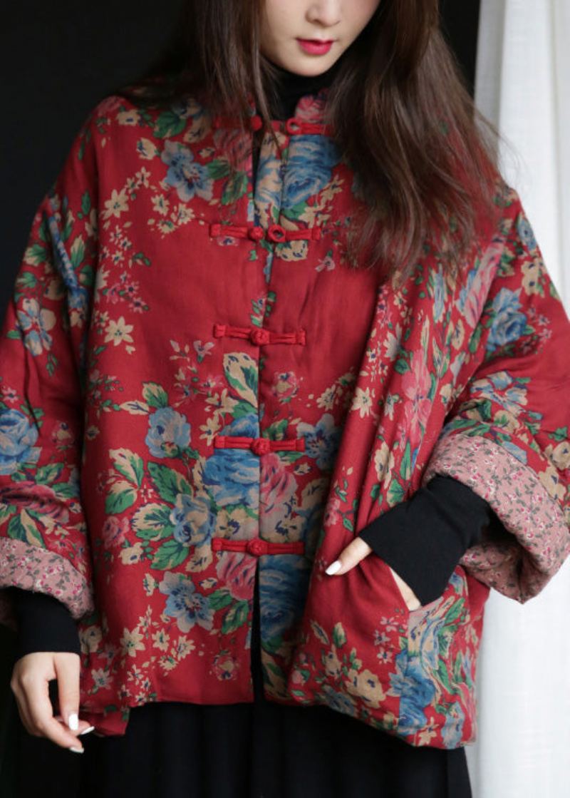 Parka D'hiver En Coton Polaire Chaud Avec Col Montant Rouge Et Boutons Imprimés - Doudounes femmes