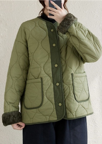 Parka D'hiver Doublée De Laine Polaire Vert Armée Col Rond Poches Patchwork Boutons Grande Taille