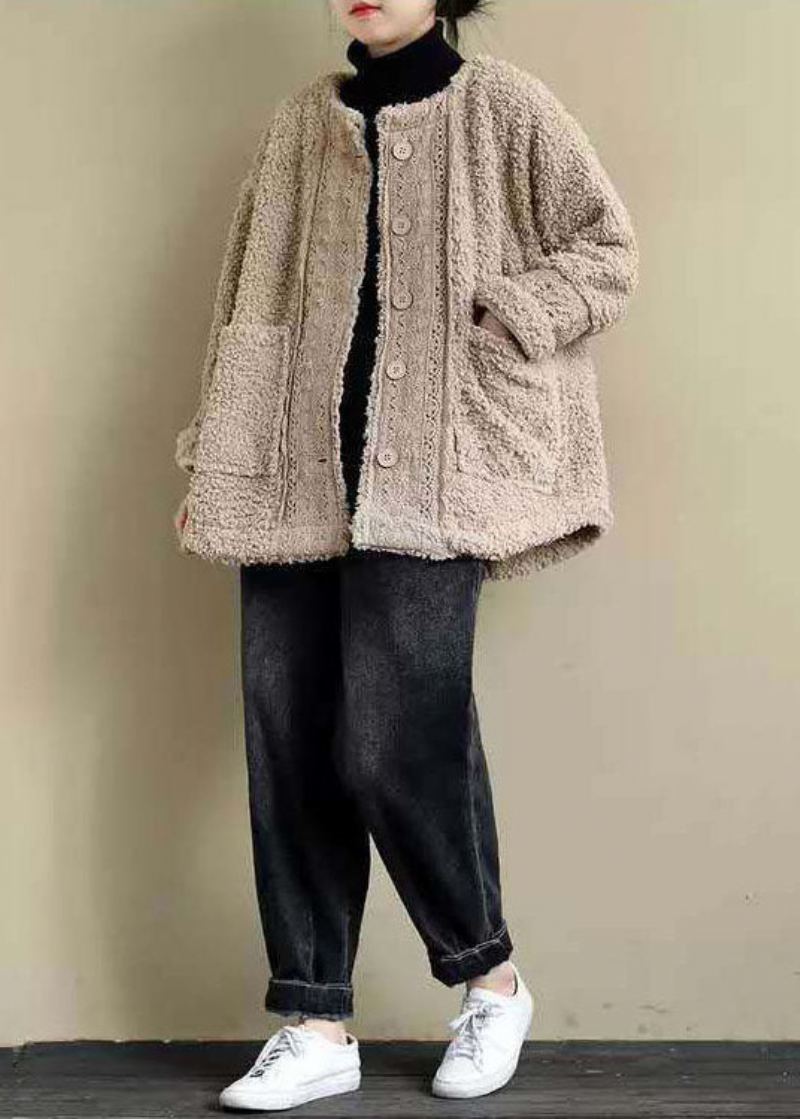 Parka D'hiver En Fausse Fourrure Kaki Grande Taille Col Rond Dentelle Patchwork Teddy - Doudounes femmes