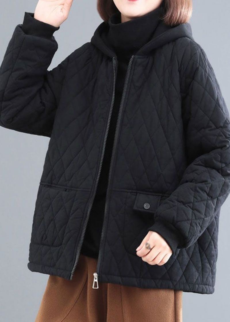 Parka D'hiver Pour Femmes Patchwork À Capuche Noir En Coton Fin Rempli Bricolage