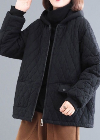 Parka D'hiver Pour Femmes Patchwork À Capuche Noir En Coton Fin Rempli Bricolage