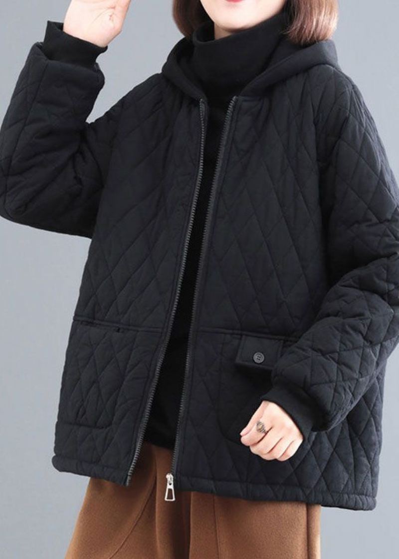 Parka D'hiver Pour Femmes Patchwork À Capuche Noir En Coton Fin Rempli Bricolage - Doudounes femmes