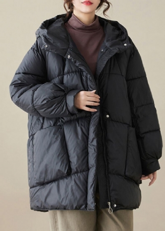 Parka D'hiver Pour Femmes Remplie De Coton Fin Avec Poches À Capuche Noires De Grande Taille