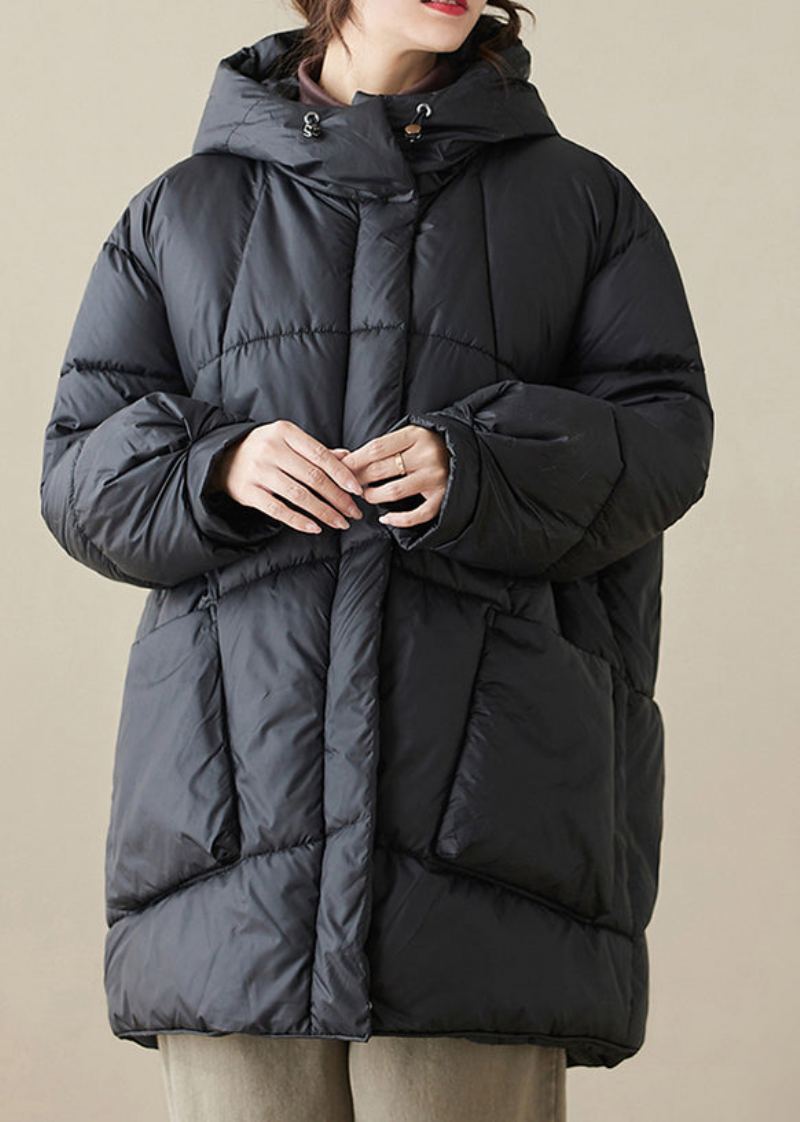 Parka D'hiver Pour Femmes Remplie De Coton Fin Avec Poches À Capuche Noires De Grande Taille - Doudounes femmes