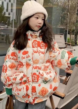 Parka D'hiver Pour Filles Avec Poches Imprimées À Capuche Orange Élégantes Remplie De Coton