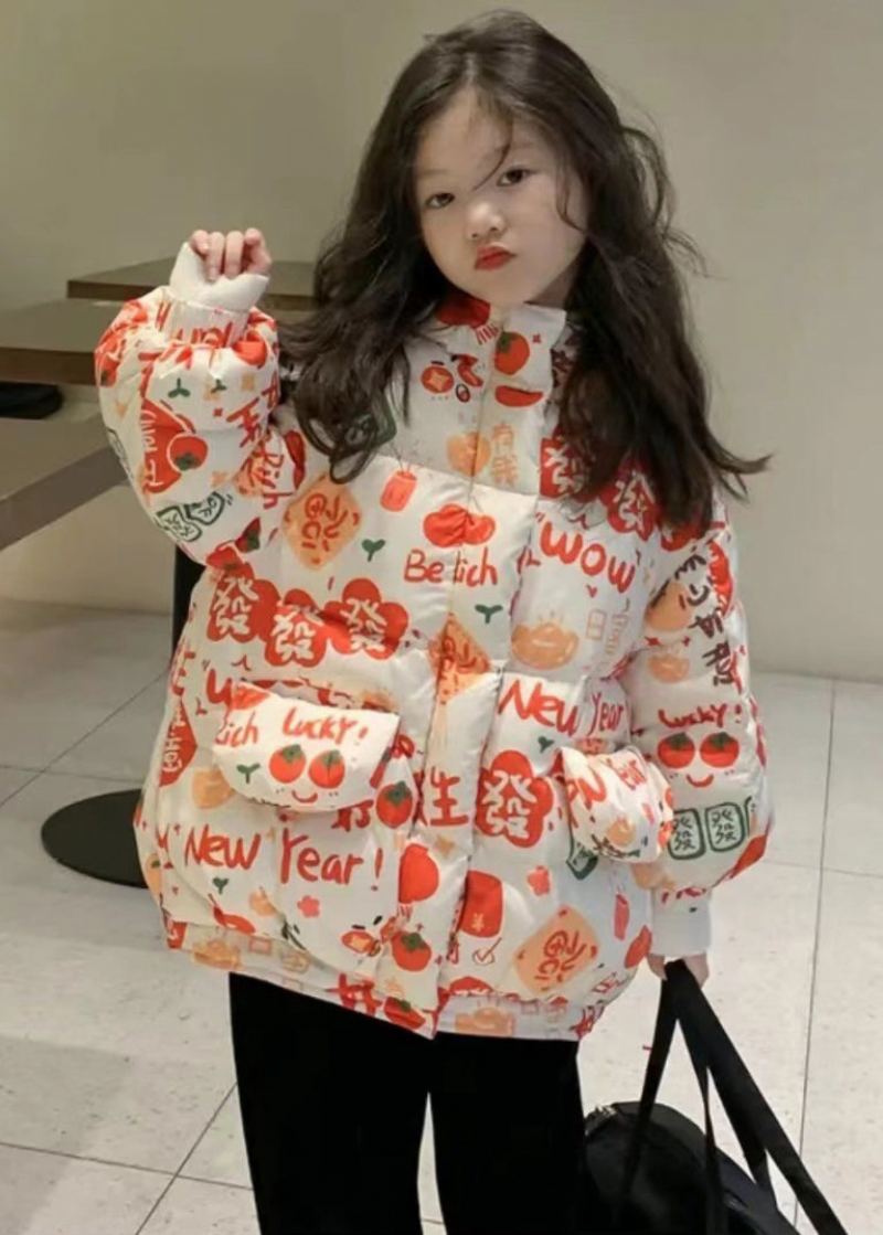 Parka D'hiver Pour Filles Avec Poches Imprimées À Capuche Orange Élégantes Remplie De Coton - Doudounes femmes